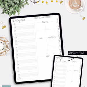 May include: A digital planner with a daily schedule layout for the month of January. The planner includes sections for notes, meal plans, tracking, top priorities, reminders, accomplishments, and notes. The planner is displayed on a tablet device.