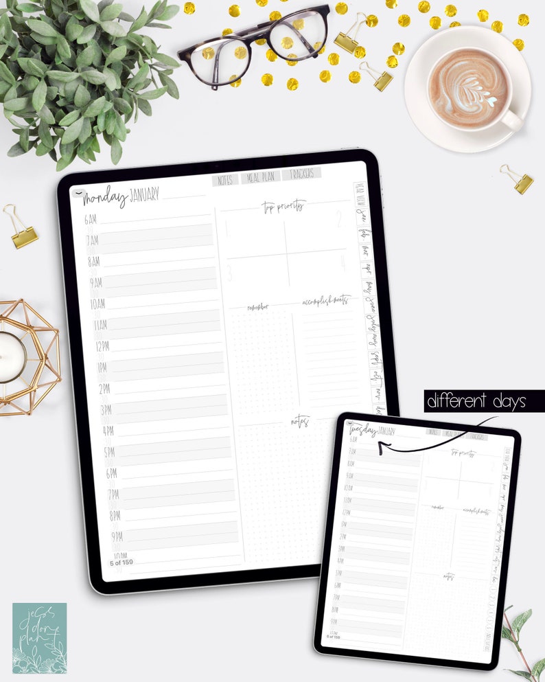 May include: A digital planner with a daily schedule layout for the month of January. The planner includes sections for notes, meal plans, tracking, top priorities, reminders, accomplishments, and notes. The planner is displayed on a tablet device.