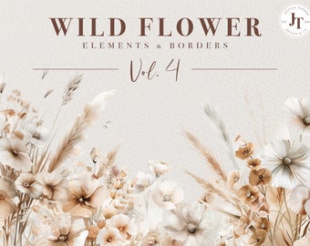 Wild Flowers, Wild Flower Clipart, Premade Floral Borders, Watercolor Flower Clipart, Floral Bouquets, Wild Floral Clipart, Premade Clipart