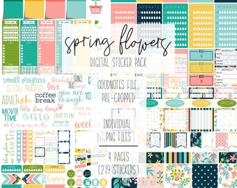 May include: A digital sticker pack with a spring flower theme. The pack includes 219 stickers on 4 pages. The stickers are pre-cropped and come as individual PNG files. The stickers feature a variety of designs, including flowers, leaves, and other spring-themed elements.