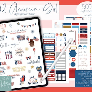 May include: A digital planner sticker set with a patriotic theme. The stickers feature red, white, and blue colors, stars, fireworks, and the text "'MERICA", "ALL American GIRL", "Land of the free because of the brave", "We the people...", "Party 1776", "Let freedom ring", "Party in the USA", "One Nation Under God", "Independence Day", "God Bless America", "Celebrate", and "USA".