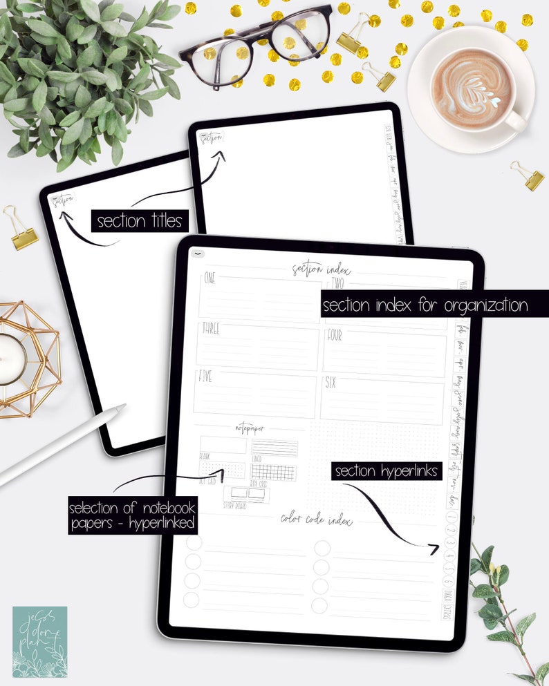 May include: A digital planner template for iPad or tablet with sections for section titles, section index, notebook paper selection, color code index, and section hyperlinks. The template is designed for organization and productivity.