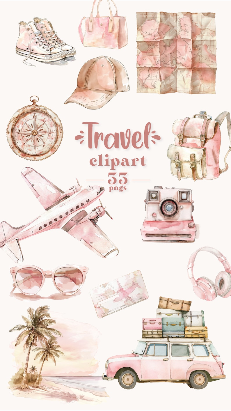 Peut inclure: Une illustration aquarelle de clipart sur le th&egrave;me du voyage. L'ensemble comprend une boussole, un avion vintage, un appareil photo, un sac &agrave; dos, une carte, une paire de lunettes de soleil, un chapeau, une paire de baskets, un sac &agrave; main, une carte d'embarquement, une voiture avec des bagages sur le toit et des palmiers sur une plage.