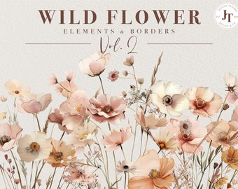 Wild Flowers, Wild Flower Clipart, Premade Floral Borders, Watercolor Flower Clipart, Floral Bouquets, Wild Floral Clipart, Premade Clipart