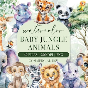 Adorable Baby Jungle Animals Clipart Set, Pastel Watercolor Graphics, Commercial Use, Instant Download