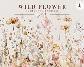 Wild Flowers, Wild Flower Clipart, Premade Floral Borders, Watercolor Flower Clipart, Floral Bouquets, Wild Floral Clipart, Premade Clipart