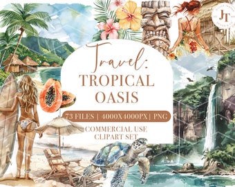 Watercolor Tropical Hawaiian Clipart, Travel Clipart, Adventure, Summer Clipart, Commercial use, Aesthetic Girl Clipart, Family PNG