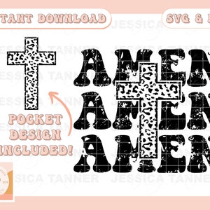Op de afbeelding: Zwart-wit distressed grafisch ontwerp met het woord "AMEN" drie keer herhaald. Elke letter is gelaagd op een zwart-wit luipaardprintkruis.