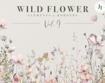 Wild Flowers, Wild Flower Clipart, Premade Floral Borders, Watercolor Flower Clipart, Floral Bouquets, Wild Floral Clipart, Premade Clipart