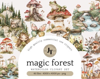 Fairy Garden Mushroom Watercolor Clipart, Enchanted Clipart, Magic Mushroom Fairy Clipart, Fairy House PNG, Flowers Clipart, Forest Meadow