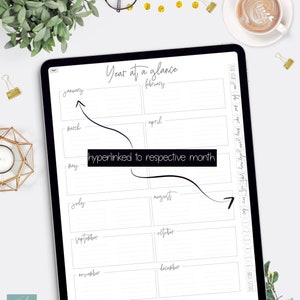 May include: A black and white digital planner with a year at a glance layout. The planner is divided into 12 sections, one for each month of the year. Each month section has a space for writing notes and a small calendar.
