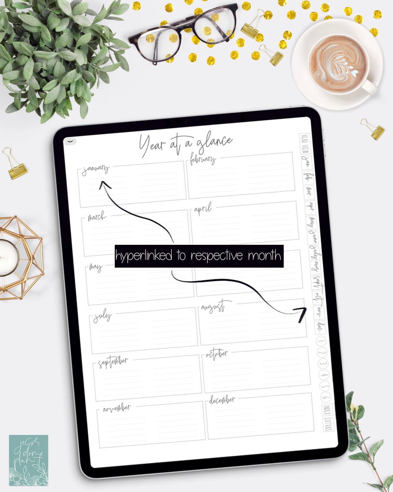 May include: A black and white digital planner with a year at a glance layout. The planner is divided into 12 sections, one for each month of the year. Each month section has a space for writing notes and a small calendar.