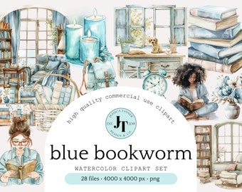 Booklover Clipart, Watercolor Bookworm, Book PNG, Blue Book Clipart, Flower Clipart, Pretty Girl, Cozy Reading Clipart, Reading Stickers