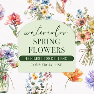 48 Wildflower Floral Clipart, Watercolor Spring Flowers, Spring PNG, Commercial Use Clipart, Pastel Watercolor Graphic, digital stickers
