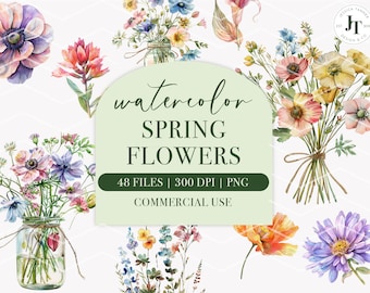 48 Wildflower Floral Clipart, Watercolor Spring Flowers, Spring PNG, Commercial Use Clipart, Pastel Watercolor Graphic, digital stickers