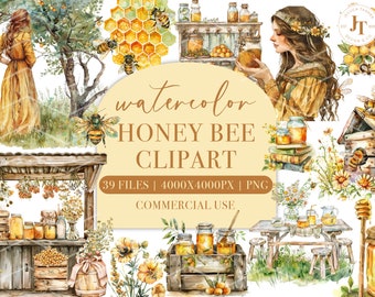 Honey Bee Watercolor 39 Clipart PNGS, Spring Summer Clipart, Personal and Commercial Use, Floral Clipart, Cottage-core Design