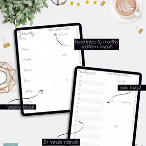 May include: A digital planner with two different layouts: a weekly layout with days of the week and a daily layout with 30-minute intervals. The weekly layout has a section for top priorities and notes. The daily layout has sections for top priorities, accomplishments, and notes. The planner is designed for use on a tablet or iPad.