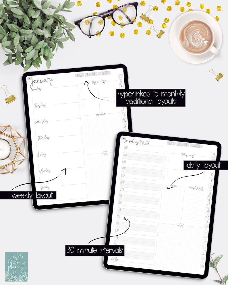 May include: A digital planner with two different layouts: a weekly layout with days of the week and a daily layout with 30-minute intervals. The weekly layout has a section for top priorities and notes. The daily layout has sections for top priorities, accomplishments, and notes. The planner is designed for use on a tablet or iPad.
