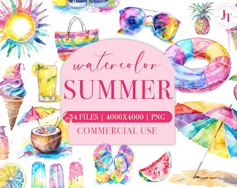 Summer Watercolor Clipart Bundle, 34 PNG Illustrations, Ice Cream Clipart, Summer Pool Beach Party, Commercial Use Watercolor Art