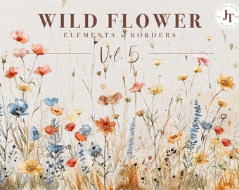 Wild Flowers, Wild Flower Clipart, Premade Floral Borders, Watercolor Flower Clipart, Floral Bouquets, Wild Floral Clipart, Premade Clipart