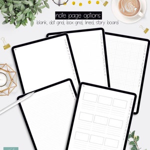 May include: Four digital note pages on a white background. The pages are blank, lined, dot grid, and box grid. The text "note page options" is above the pages. The text "blank, dot grid, box grid, lined, story board" is below the pages.