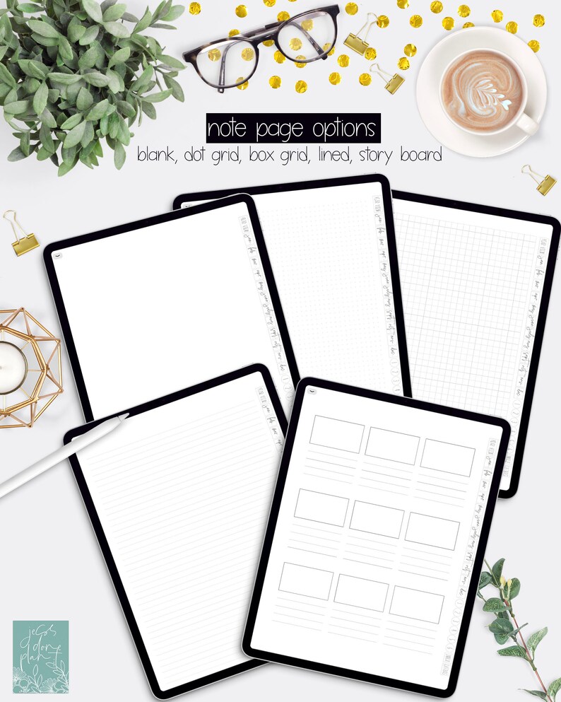May include: Four digital note pages on a white background. The pages are blank, lined, dot grid, and box grid. The text "note page options" is above the pages. The text "blank, dot grid, box grid, lined, story board" is below the pages.