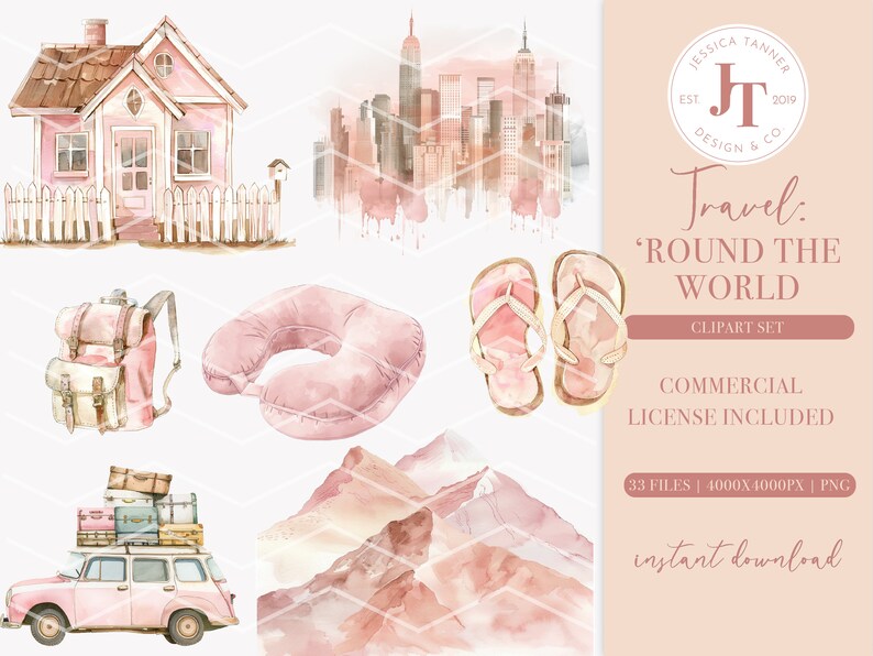Peut inclure: Un ensemble d'illustrations de style aquarelle sur le th&egrave;me du voyage. L'ensemble comprend une maison rose, un paysage urbain, un sac &agrave; dos, un coussin de nuque, des tongs, une voiture et des montagnes. Le texte 'Travel: 'Round the World' est inclus dans l'image.