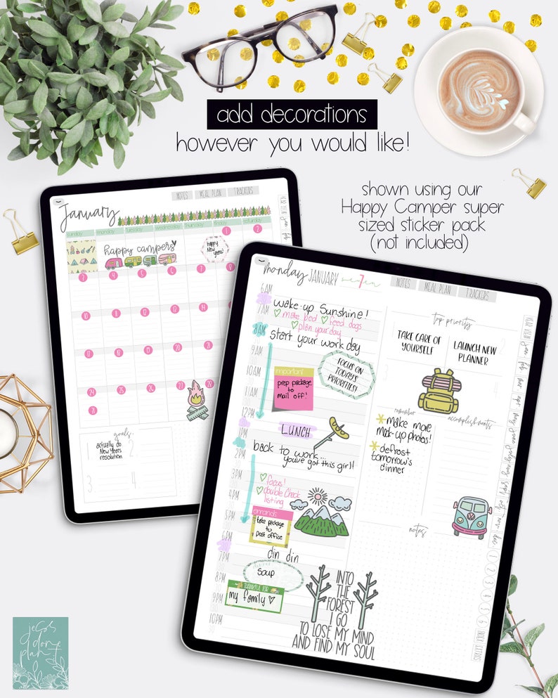 May include: A digital planner with a monthly calendar and daily pages. The planner is decorated with stickers of a camper van, mountains, trees, and other nature-themed designs. The text "Happy Camper" is written on the monthly calendar page. The text "January" is written at the top of the monthly calendar page. The text "Monday, January 7" is written at the top of the daily page. The daily page has a list of tasks and appointments for the day. The text "Wake up Sunshine!" is written in a circle on the daily page. The text "Take care of yourself" is written in a rectangle on the daily page. The text "Launch new planner" is written in a rectangle on the daily page. The text "Into the forest I go to lose my mind and find my soul" is written on the daily page.