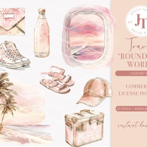 Peut inclure: Un ensemble de clipart aquarelle sur le th&egrave;me du voyage. L'ensemble comprend une valise, un palmier, une paire de sandales, une paire de baskets, une bouteille d'eau, une casquette de baseball, une enveloppe et une vue de fen&ecirc;tre d'un coucher de soleil depuis un avion. L'ensemble est parfait pour cr&eacute;er des designs sur le th&egrave;me du voyage.