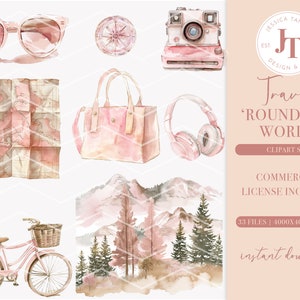 Peut inclure: Un ensemble de 33 illustrations &agrave; l'aquarelle repr&eacute;sentant des objets sur le th&egrave;me du voyage dans des tons roses et bruns. L'ensemble comprend une boussole, une carte, un appareil photo, un sac &agrave; main, des &eacute;couteurs, un v&eacute;lo et un paysage de montagne.