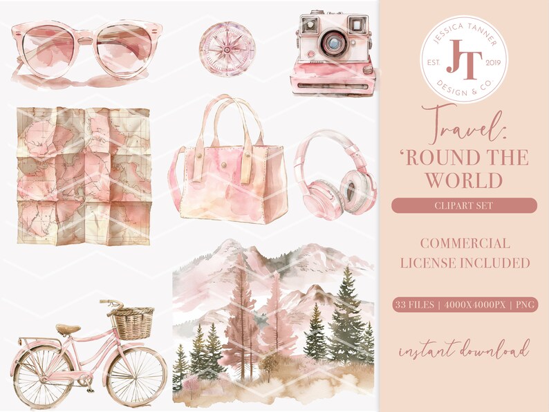 Peut inclure: Un ensemble de 33 illustrations &agrave; l'aquarelle repr&eacute;sentant des objets sur le th&egrave;me du voyage dans des tons roses et bruns. L'ensemble comprend une boussole, une carte, un appareil photo, un sac &agrave; main, des &eacute;couteurs, un v&eacute;lo et un paysage de montagne.