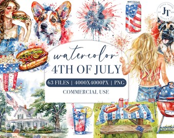 4th of July 63 Watercolor Clipart Bundle, Spring Summer Clipart, Independence Day PNG, Vacation Planner Stickers Personal Commercial Use