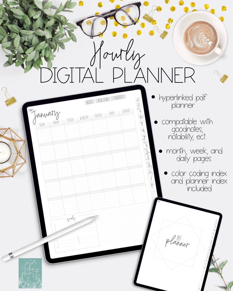 May include: A digital planner on a tablet with a white background. The planner is open to the January page and has a hourly schedule. The planner is compatible with Goodnotes, Notability, and other note-taking apps. The planner includes a color coding index and planner index.