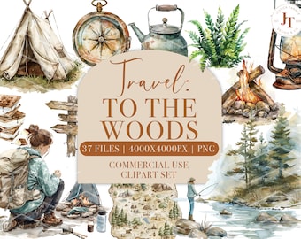Watercolor Camping Clipart, Travel Clipart, Adventure, Summer Fall Winter Clipart, Commercial use, Aesthetic Girl Clipart, Family PNG