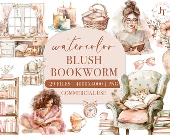 Booklover Clipart, Watercolor Bookworm Clipart, Book PNG, Blush Bookworm Clipart, Flower Clipart, Pretty Girl, Cozy Reading Clipart
