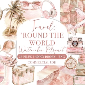 Peut inclure: Un ensemble de clipart aquarelle sur le th&egrave;me du voyage. L'ensemble comprend des images d'un globe terrestre, de palmiers, de lunettes de soleil, de casques audio, d'un avion vintage, d'un appareil photo, de valises, d'une boussole et d'une cha&icirc;ne de montagnes. Le texte "Travel: 'Round the World Watercolor Clipart" est inclus dans l'image. L'ensemble contient 33 fichiers, chacun mesurant 4000x4000 pixels, au format PNG. Le clipart est destin&eacute; &agrave; un usage commercial.