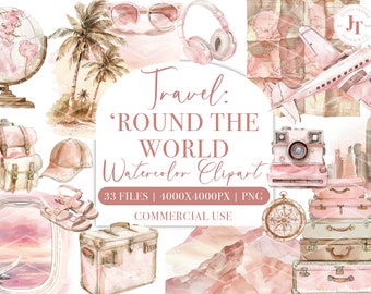 Pink Watercolor Travel Aesthetic Clipart, Girly Travel Around the World, Summer Clipart, Vacation Clipart Planner Personal Commercial Use