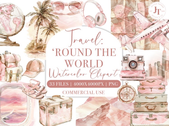 Pink Watercolor Travel Aesthetic Clipart, Girly Travel Around the World, Summer Clipart, Vacation Clipart Planner Personal Commercial Use