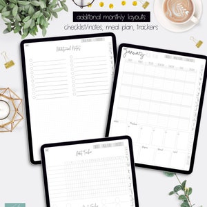 May include: A digital planner with three different layouts for January. The layouts include a checklist/notes page, a meal plan page, and a habit tracker page. The planner is designed for use with a tablet or iPad.