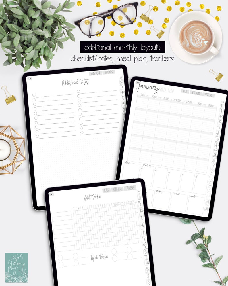 May include: A digital planner with three different layouts for January. The layouts include a checklist/notes page, a meal plan page, and a habit tracker page. The planner is designed for use with a tablet or iPad.