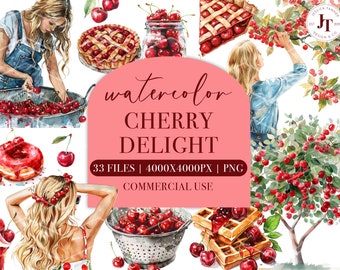 Cute Cherry Clipart Set for personal and commercial use, Watercolor Fruit Cherry printable wall decor