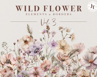 Wild Flowers, Wild Flower Clipart, Premade Floral Borders, Watercolor Flower Clipart, Floral Bouquets, Wild Floral Clipart, Premade Clipart