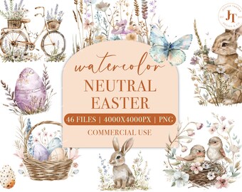 Easter Watercolor Clipart Set - Neutral Easter Clipart, Adorable Easter PNG, Commercial Use Clipart, Pastel Watercolor Graphics