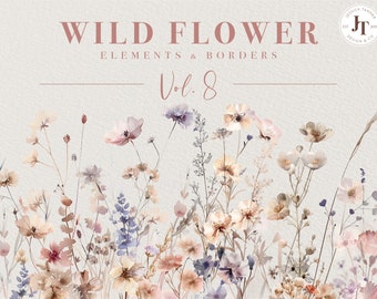 Wild Flowers, Wild Flower Clipart, Premade Floral Borders, Watercolor Flower Clipart, Floral Bouquets, Wild Floral Clipart, Premade Clipart