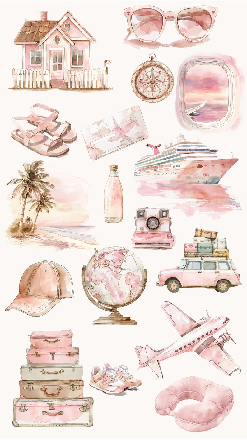 Peut inclure: Une illustration aquarelle d'objets de voyage dans des tons roses et bruns. L'illustration comprend une maison, des lunettes de soleil, une boussole, une fen&ecirc;tre d'avion, un bateau de croisi&egrave;re, un palmier, une bouteille, un appareil photo, une voiture avec des bagages sur le toit, un globe terrestre, une casquette de baseball, des valises, des baskets, un coussin de nuque et un avion.