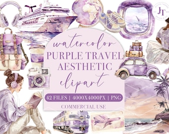 Purple Watercolor Travel Aesthetic Clipart, Girly Travel Around the World, Summer Clipart, Vacation Clipart Planner Personal Commercial Use