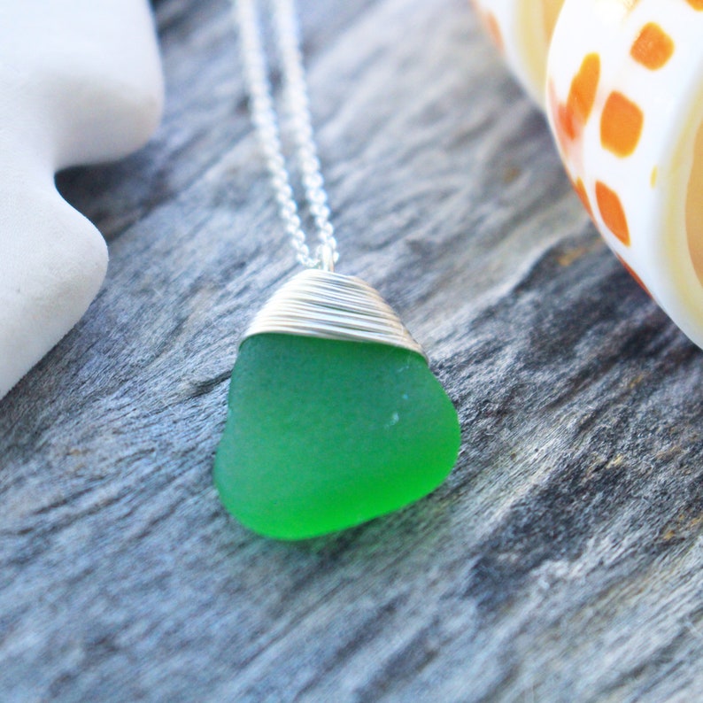 Authentic Laguna Beach Sea Glass Authentic Sea Glass Necklace: Green Sterling Silver Beach Glass Necklace Simple Beach Glass