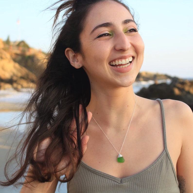 Authentic Laguna Beach Sea Glass Authentic Sea Glass Necklace: Green Sterling Silver Beach Glass Necklace Simple Beach Glass