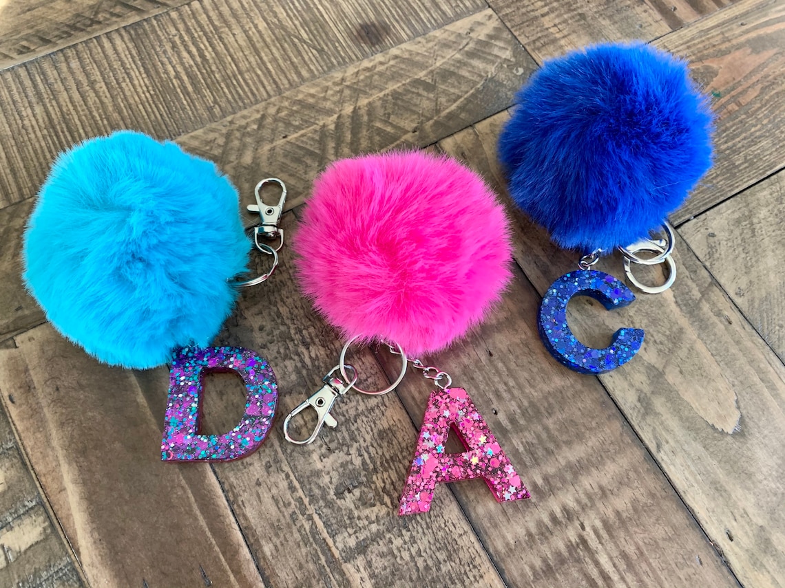 Glitter Initial Keychain With Pom Pom Etsy Australia