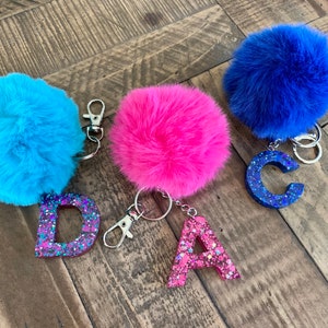 Glitter initial keychain with pom pom